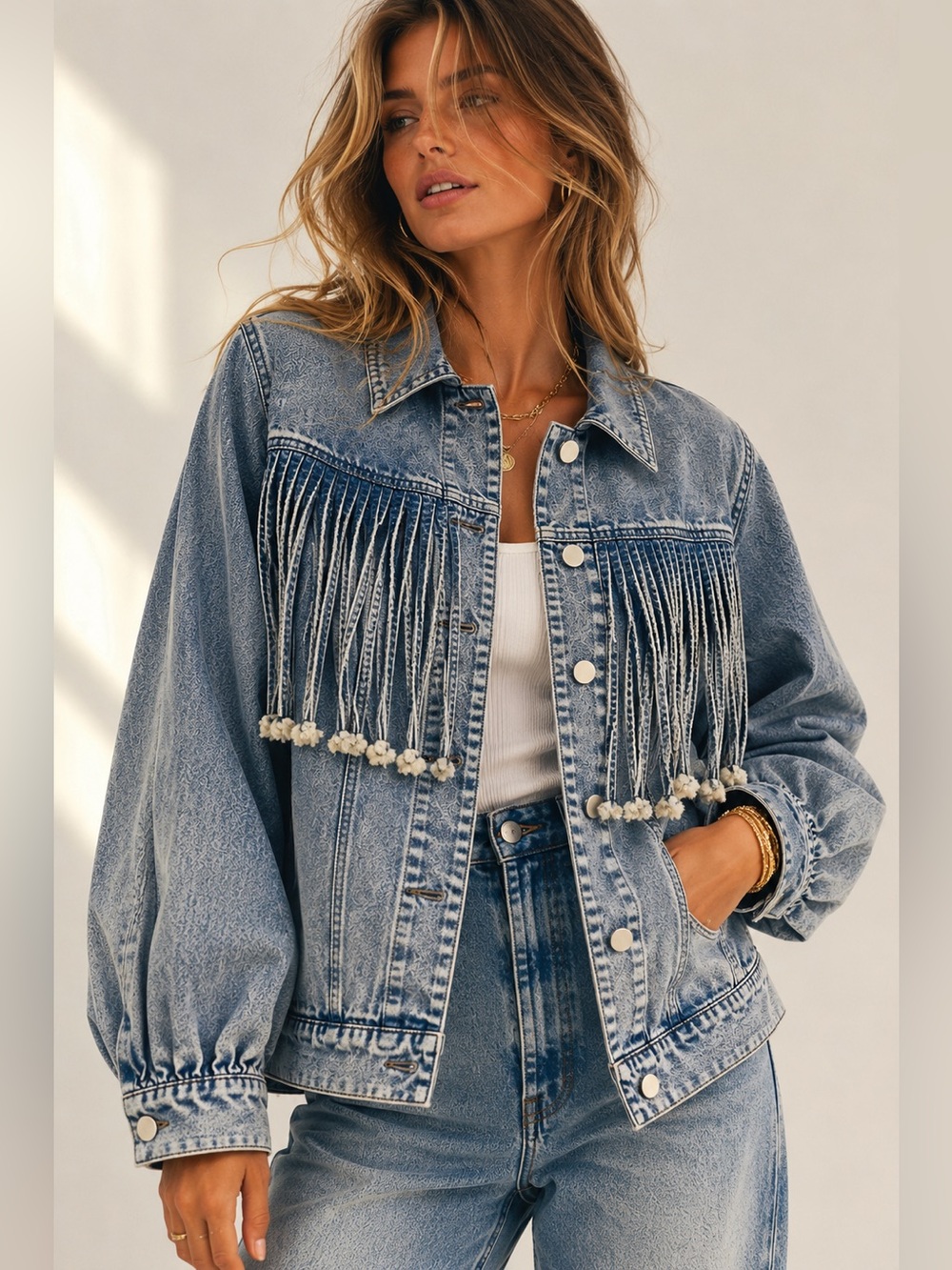 #75 JODIFL Light Blue Denim Jacket with Fringe and Pom Trim - Picture 1 of 1